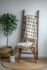 A hyper-realistic photo of a wooden ladder leaning against the wall, next to it is a chair with a white and brown checkered blanket on top.