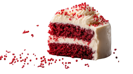 A decadent red velvet cake with cream cheese frosting and red sprinkles on a transparent background