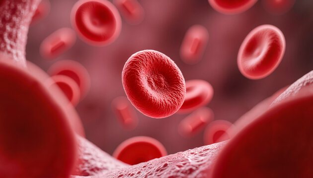 Close-up of red blood cells in motion against a blurred background  