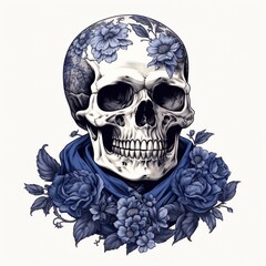 Art composition of a stylized gothic skull decorated with a floral pattern. Generative AI