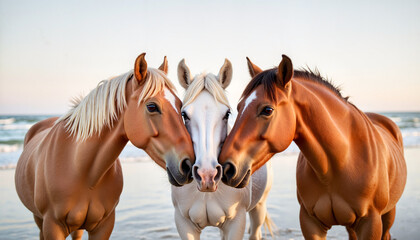 Fototapeta premium Three horses sharing affection at the beach 