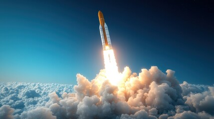 Rocket launching into sky with smoke trail	