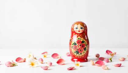 Traditional Russian Matryoshka Doll Surrounded by Flower Petals  