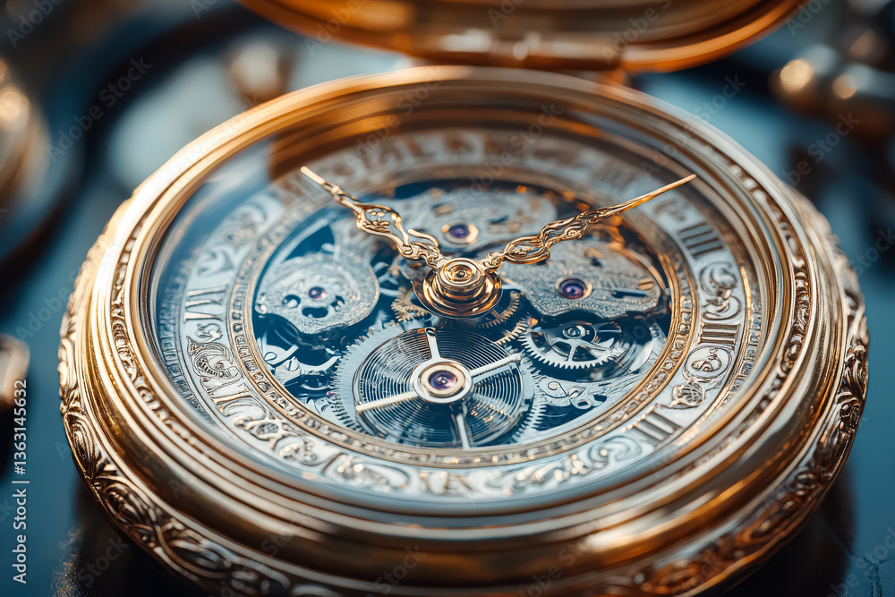 Poster gold and silver clock with a face and hands showing the time of 10:30. the clock is set in a black b