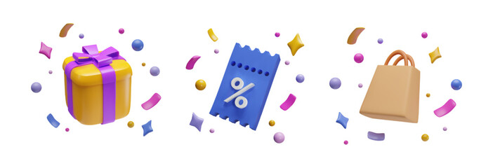 3d discount voucher, gift box, paper shopping bag.