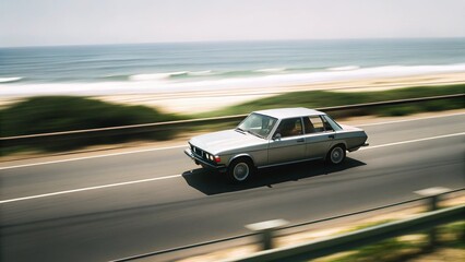 Naklejka premium Vintage car going in a high way next to the ocean