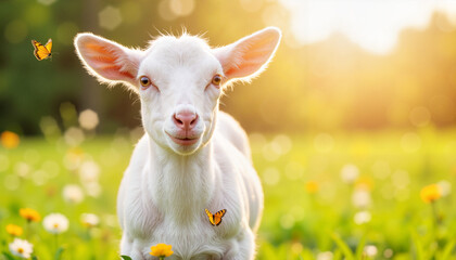 Cute goat enjoying a sunny day in a flower-filled meadow  