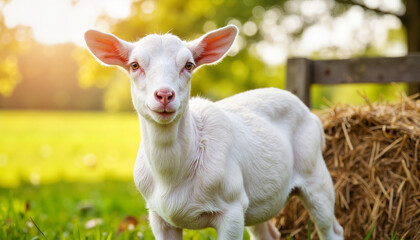 Obraz premium Young goat standing playfully on a sunny farm background 
