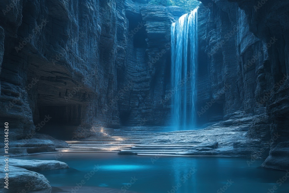 Poster serene waterfall cascade in a majestic cave with turquoise pool and rock formations creating a tranq