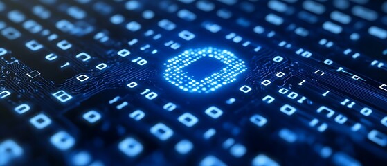 An illuminated computer chip surrounded by binary code information processing
