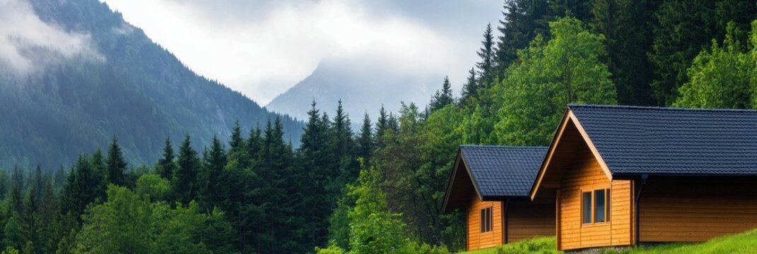 Rustic cabins amidst lush green forest and misty mountain landscape.