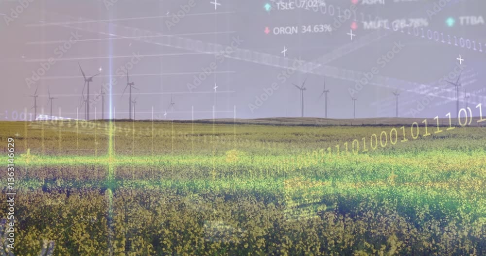 Poster wind turbines in field with financial data processing animation overlay