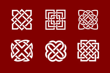 Set of Celtic knot design intricate interwoven lines. White endless loop decorative pattern on dark maroon background vector illustration. Traditional symbol common to Irish and Scottish culture.