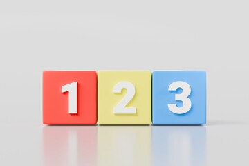 3d Education Blocks icon. Preschool number 123 block. 123 education cube brick concepts. School learns child play toy sign and kid math count box simple study isolated on white background. 3d render.