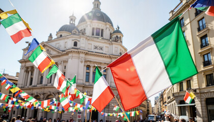 Italian flags celebrating in a sunny city square 