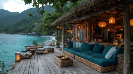 Tropical rattan seating creating relaxing outdoor living space with lush greenery and peaceful coastal ambiance