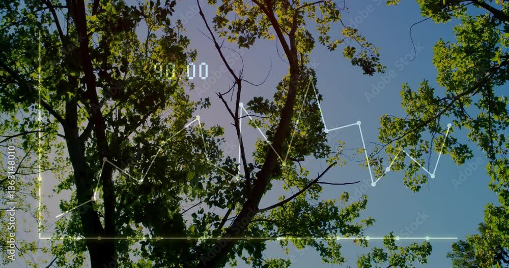 Poster tree branches and leaves with data processing animation over blue sky