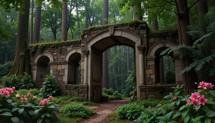 Naklejka premium Abandoned stone archway surrounded by lush green forest 