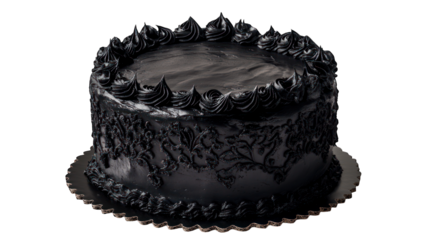 A Gothic black cake with dark frosting and elegant design on a transparent background