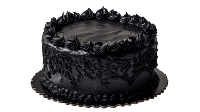 A Gothic black cake with dark frosting and elegant design on a transparent background