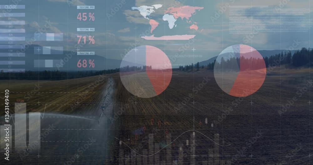 Poster data visualization animation over agricultural landscape with charts and world map