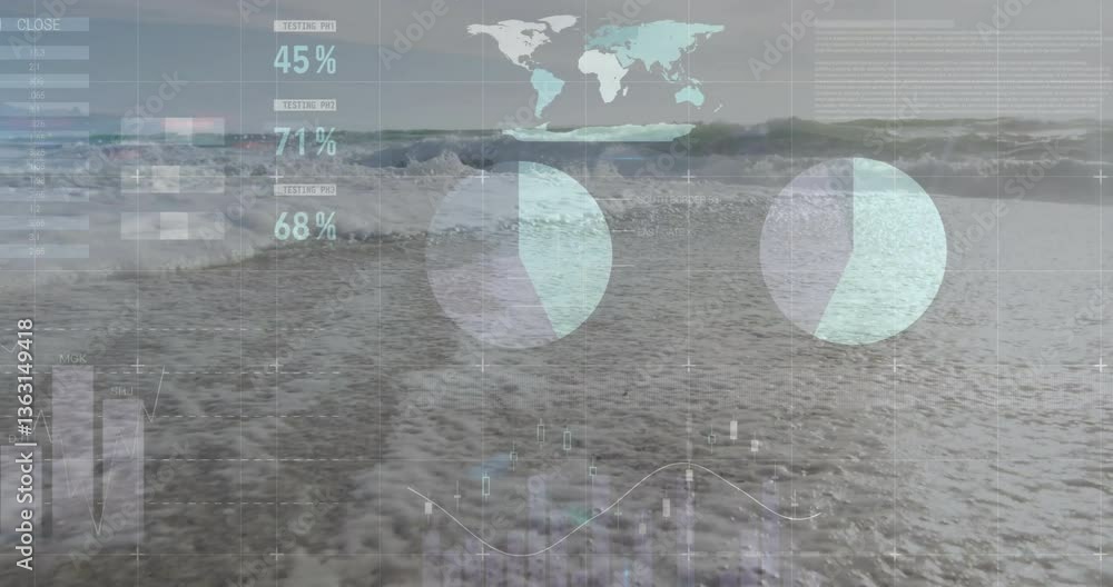 Aufkleber global data analytics animation over ocean waves and beach scene