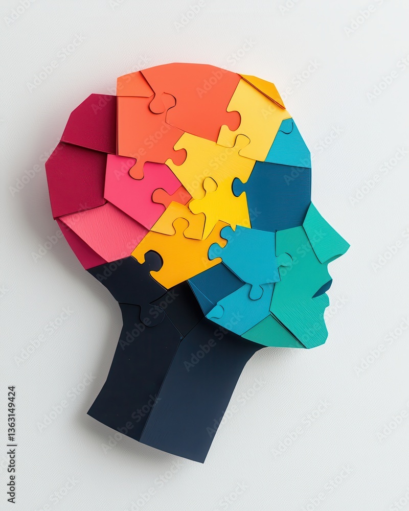 Poster a colorful puzzle-shaped head symbolizes creativity and cognitive processes, representing the comple