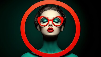 Stylized Portrait of Woman with Red Glasses and Teal Skin