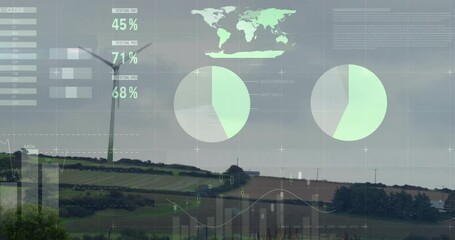 Wind turbine and landscape overlaid with data charts and world map animation - Powered by Adobe