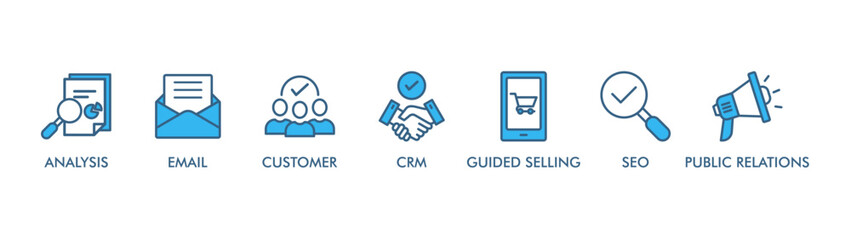 Inbound marketing banner web icon vector illustration concept with icon of analysis, email, customer, crm, guided selling, seo, public relations, revenue, background, concept, industry, satisfaction, 