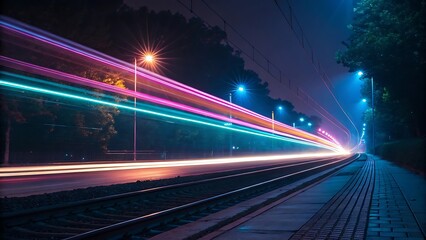 Night Train: Captivating Light Trails Across Railroad Tracks Under Evening Sky, Creating Striking Visual Depth and Mysterious Ambiance.