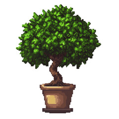 Fototapeta premium Pixelated bonsai tree with green leaves in a brown pot isolated