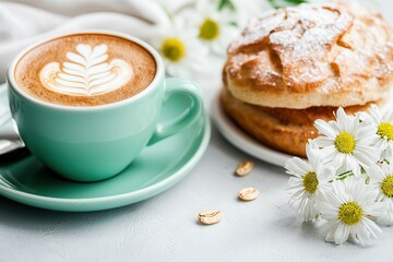 Vegan lifestyle cruelty-free environment impact. Cozy coffee scene with pastry and flowers, inviting ambiance.