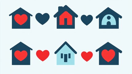 House icons, love hearts, family home, light background, website design