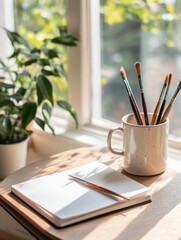 Sunlit workspace with open notebook, mug of paintbrushes, and indoor plant.