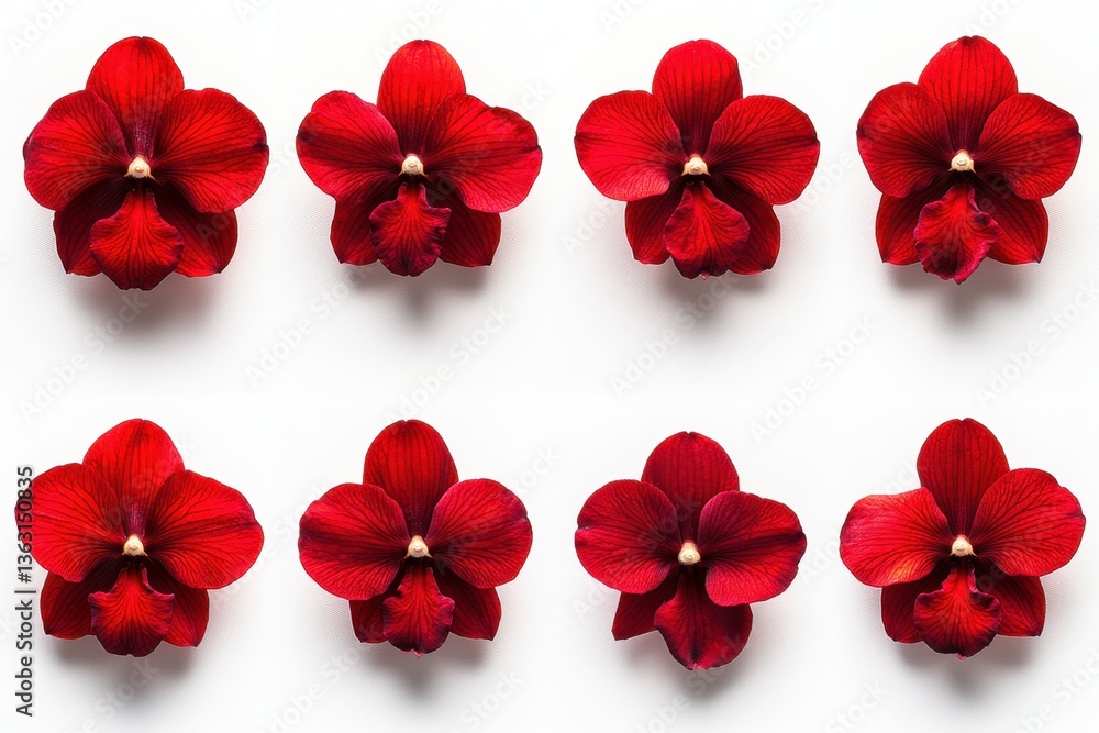 Aufkleber elegant array of eight vibrant red orchids against a clean white background creating a visually stri