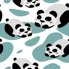 Vector seamless pattern with lots of cute baby pandas. Cartoon animal icons print. Bears rest graphic design. Kids room wallpaper swatch. Nap time concept. Fun art for fashion fabric, childrens cloth