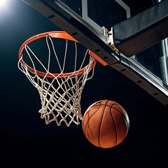 Orange Basketball and Net Suspended Mid-Air Against a Dark Background, Capturing the Essence of the Game and Athleticism.