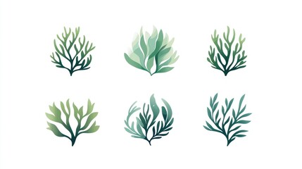 Six stylized green seaweed illustrations, isolated on white, for design or print