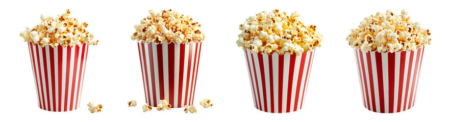 Delicious Popcorn Varieties in Classic Striped Containers, PNG bundle collection, Isolated on Transparent Background