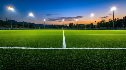 A clean and freshly painted football field with crisp white yard lines, hash marks, and goal lines, glowing softly under stadium lights in the evening 