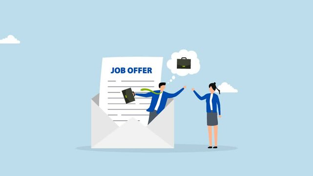 Job offer, 4k animation of businessman on email envelope offer new job to candidate.