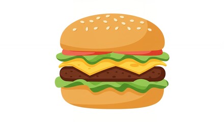 Cartoon illustration of a delicious burger with cheese and fresh vegetables