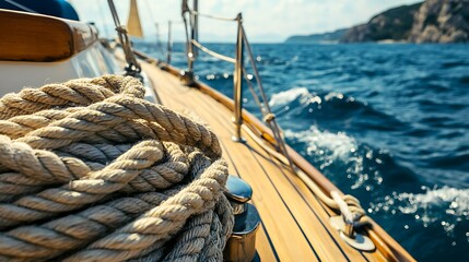 Obraz premium Nautical ropes on a sailboat deck, vibrant blue sea