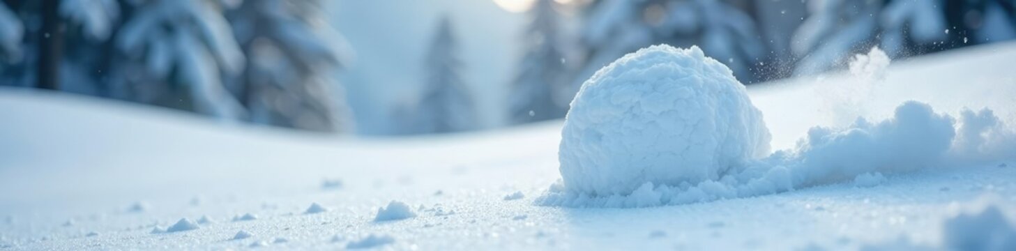 Drifting snowball rolling down a snowy hill in blizzard weather, winter, blanket, cold