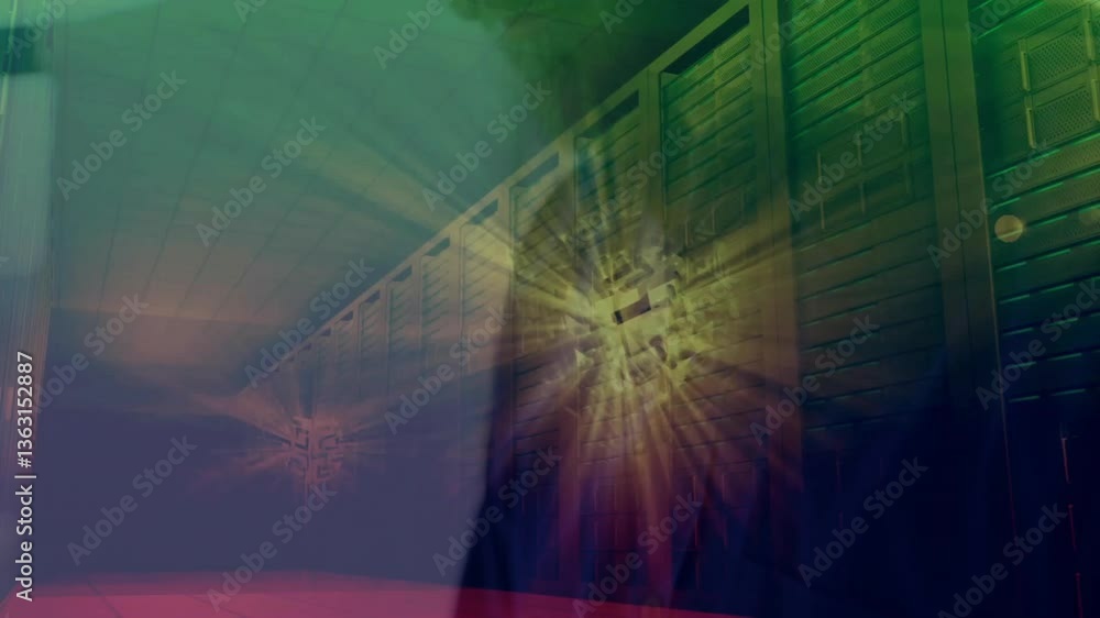 Poster colorful light beams creating abstract animation effect in data center servers