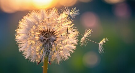 Obraz premium Close-up of a dandelion puff releasing seeds at sunset, with blurred background
