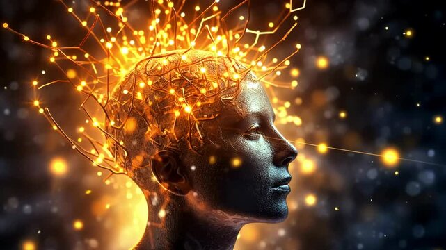 Human head with glowing neurons in the brain stars around