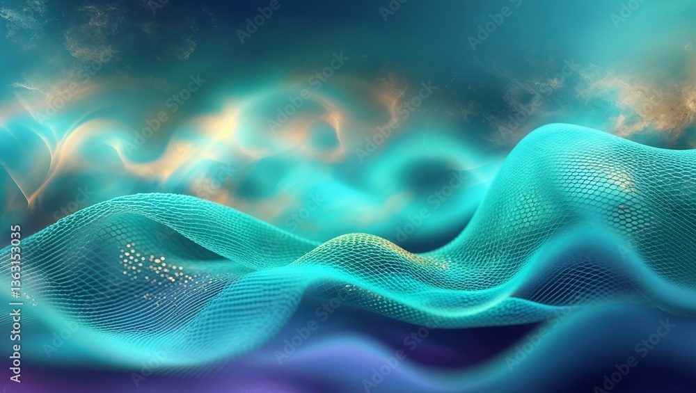 Poster vibrant abstract waves with dynamic patterns and colors in an ethereal digital landscape at dusk