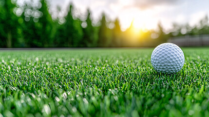 Obraz premium Golf Ball Resting on Lush Green Turf Under Warm Sunlight at a Picturesque Outdoor Recreation Area
